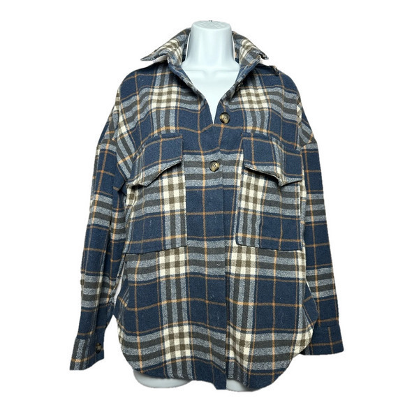 Tops - Navy blue/cream/orange super heavy duty button down plaid shirt